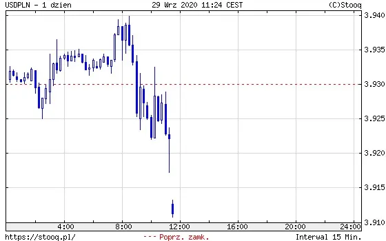 Wykres 1: kurs dolara amerykańskiego do polskiego złotego (USD/PLN) (1 dzień)